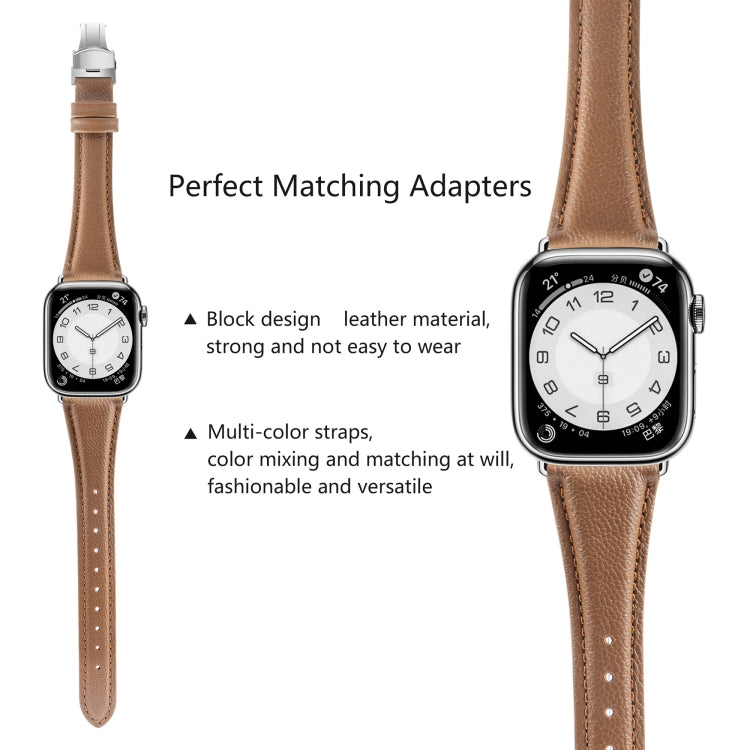 For Apple Watch Series 9 45mm Plain Leather Butterfly Buckle Watch Band(Dark Brown+Silver) - free shipping - PMC TechLife - Order now!