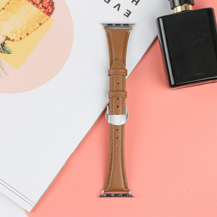 For Apple Watch Series 9 45mm Plain Leather Butterfly Buckle Watch Band(Dark Brown+Silver) - free shipping - PMC TechLife - Order now!