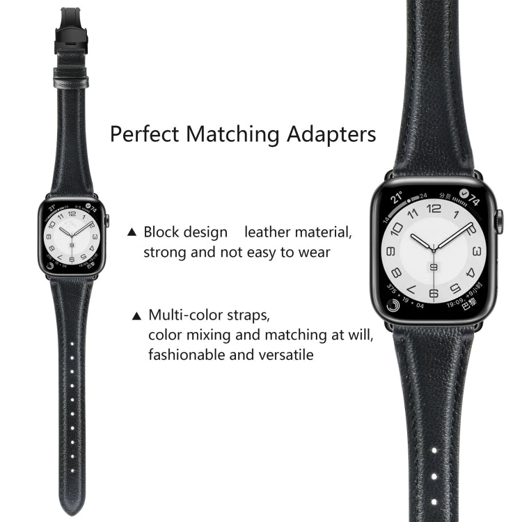 For Apple Watch Series 9 45mm Plain Leather Butterfly Buckle Watch Band(Black+Black) - Watch Bands by PMC TechLife | Online Shopping South Africa | PMC TechLife | Buy Now Pay Later Mobicred