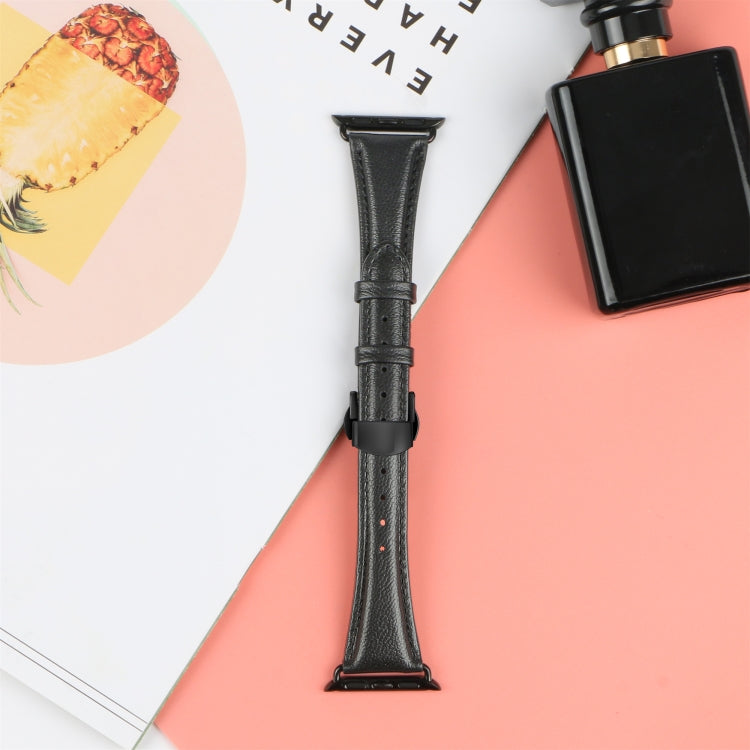 For Apple Watch Series 9 45mm Plain Leather Butterfly Buckle Watch Band(Black+Black) - Watch Bands by PMC TechLife | Online Shopping South Africa | PMC TechLife | Buy Now Pay Later Mobicred