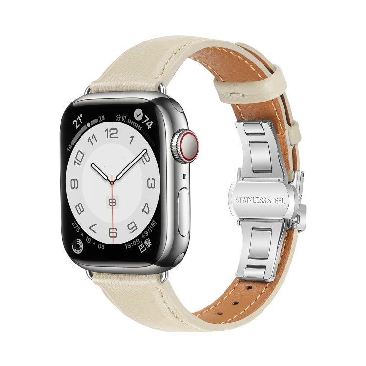 For Apple Watch Series 9 41mm Plain Leather Butterfly Buckle Watch Band(Beige+Silver) - free shipping - PMC TechLife - Order now!