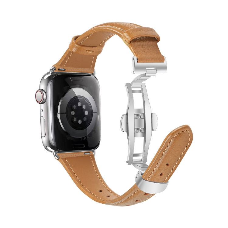 For Apple Watch Ultra 49mm Plain Leather Butterfly Buckle Watch Band(Brown+Silver) - free shipping - PMC TechLife - Order now!
