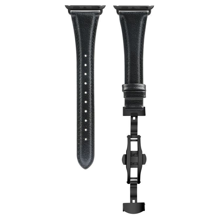 For Apple Watch Series 8 41mm Plain Leather Butterfly Buckle Watch Band(Black+Black) - Watch Bands by PMC TechLife | Online Shopping South Africa | PMC TechLife | Buy Now Pay Later Mobicred