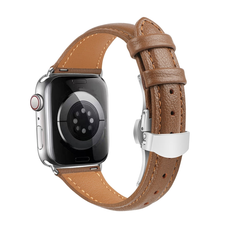 For Apple Watch Series 7 41mm Plain Leather Butterfly Buckle Watch Band(Dark Brown+Silver) - free shipping - PMC TechLife - Order now!