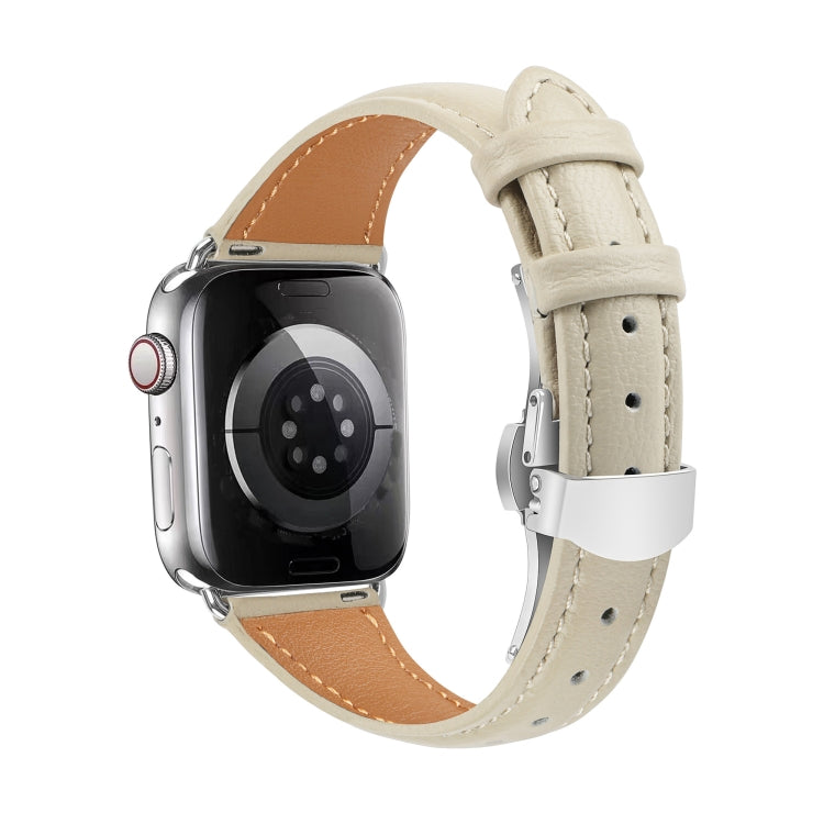 For Apple Watch Series 7 41mm Plain Leather Butterfly Buckle Watch Band(Beige+Silver) - free shipping - PMC TechLife - Order now!