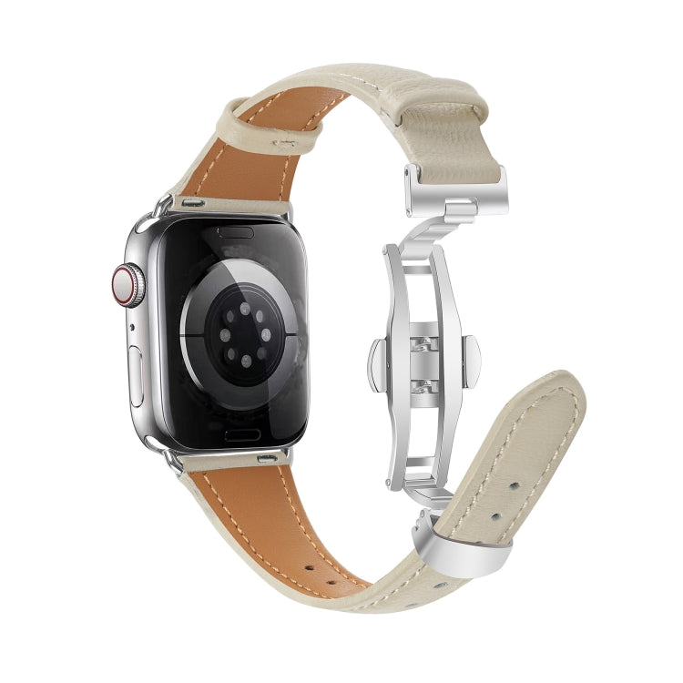 For Apple Watch Series 7 41mm Plain Leather Butterfly Buckle Watch Band(Beige+Silver) - free shipping - PMC TechLife - Order now!
