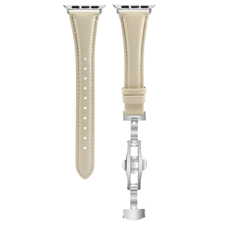 For Apple Watch Series 7 41mm Plain Leather Butterfly Buckle Watch Band(Beige+Silver) - free shipping - PMC TechLife - Order now!