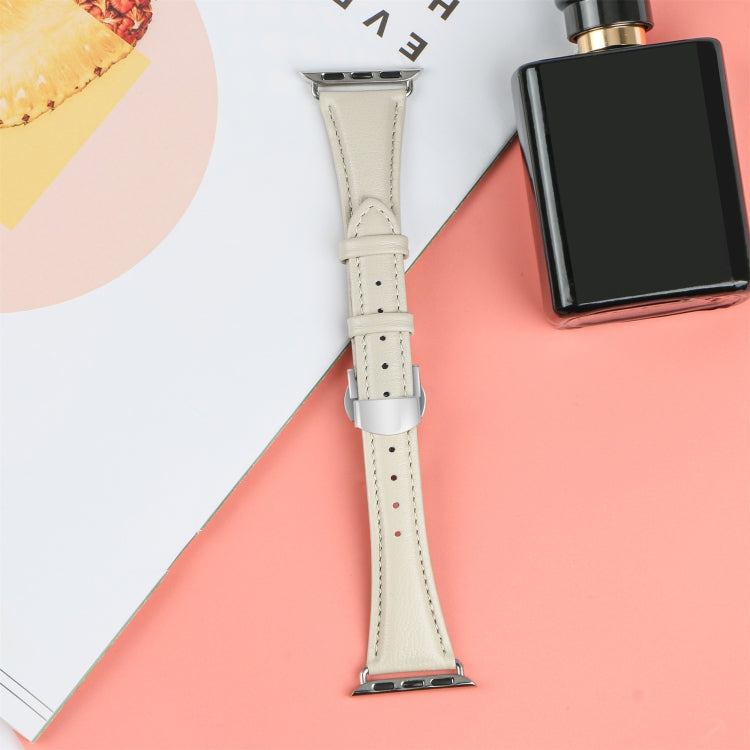 For Apple Watch Series 7 41mm Plain Leather Butterfly Buckle Watch Band(Beige+Silver) - free shipping - PMC TechLife - Order now!