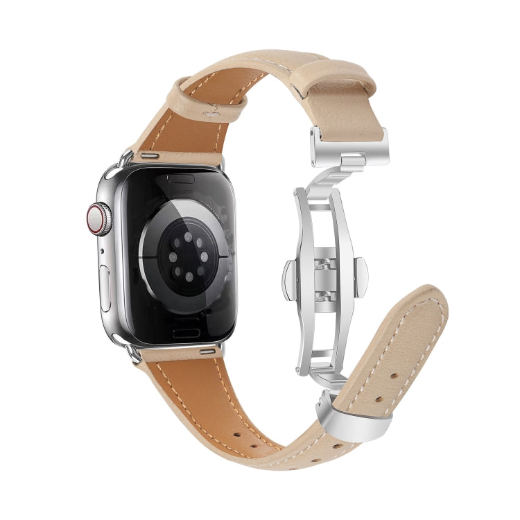 For Apple Watch Series 7 41mm Plain Leather Butterfly Buckle Watch Band(Apricot+Silver) - free shipping - PMC TechLife - Order now!