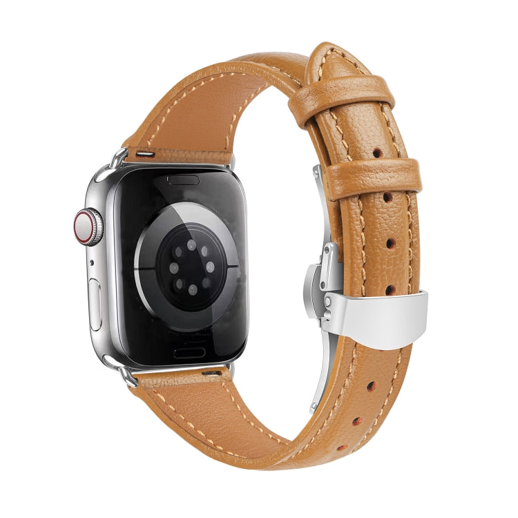 For Apple Watch Series 7 41mm Plain Leather Butterfly Buckle Watch Band(Brown+Silver) - free shipping - PMC TechLife - Order now!