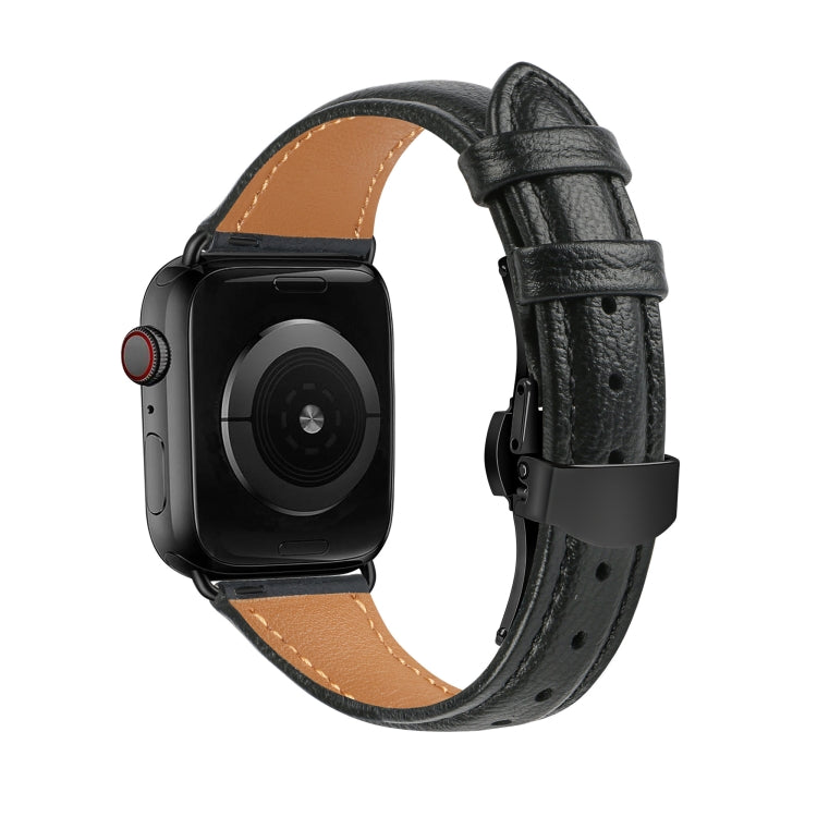 For Apple Watch Series 7 41mm Plain Leather Butterfly Buckle Watch Band(Black+Black) - Watch Bands by PMC TechLife | Online Shopping South Africa | PMC TechLife | Buy Now Pay Later Mobicred