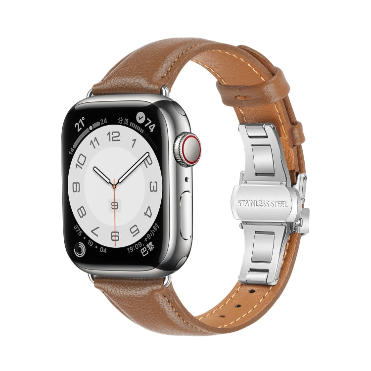 For Apple Watch Series 7 45mm Plain Leather Butterfly Buckle Watch Band(Dark Brown+Silver) - free shipping - PMC TechLife - Order now!