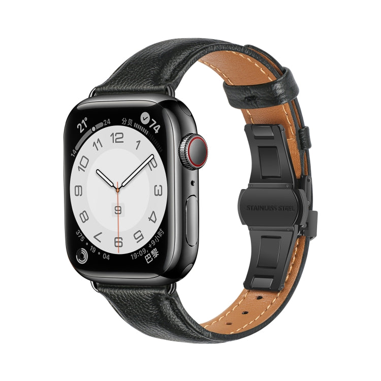 For Apple Watch Series 7 45mm Plain Leather Butterfly Buckle Watch Band(Black+Black) - Watch Bands by PMC TechLife | Online Shopping South Africa | PMC TechLife | Buy Now Pay Later Mobicred