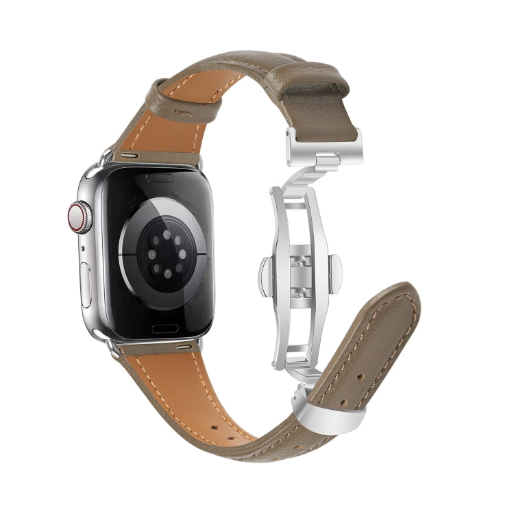 For Apple Watch Series 5 44mm Plain Leather Butterfly Buckle Watch Band(Gray+Silver) - free shipping - PMC TechLife - Order now!