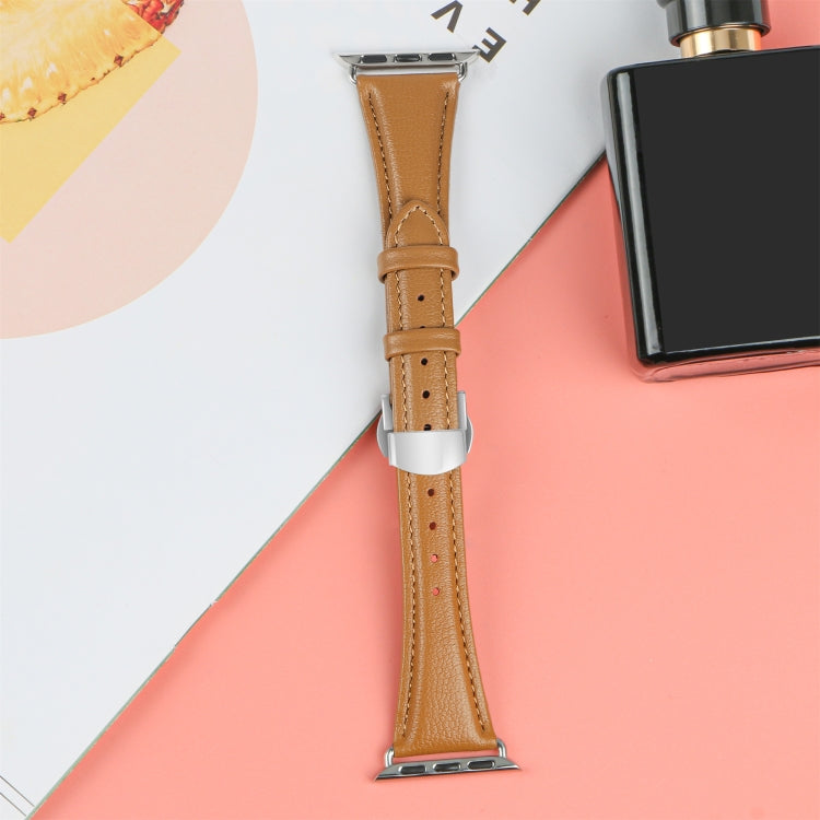 For Apple Watch Series 5 44mm Plain Leather Butterfly Buckle Watch Band(Brown+Silver) - free shipping - PMC TechLife - Order now!