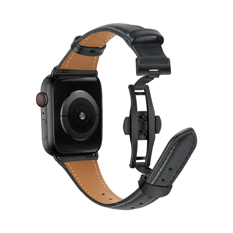 For Apple Watch Series 5 44mm Plain Leather Butterfly Buckle Watch Band(Black+Black) - Watch Bands by PMC TechLife | Online Shopping South Africa | PMC TechLife | Buy Now Pay Later Mobicred