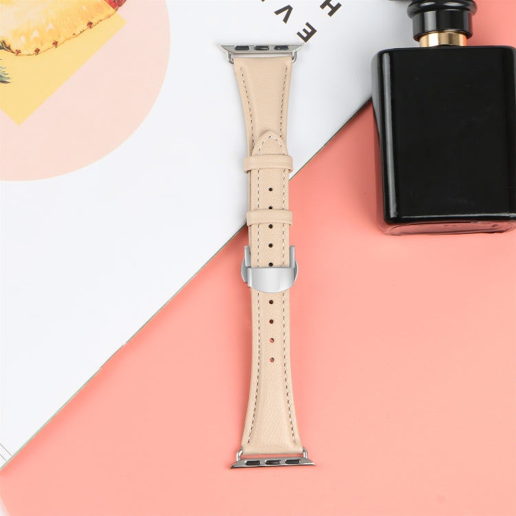 For Apple Watch Series 4 44mm Plain Leather Butterfly Buckle Watch Band(Apricot+Silver) - free shipping - PMC TechLife - Order now!