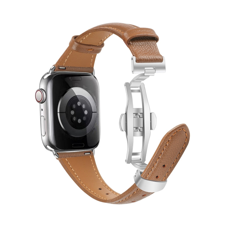 For Apple Watch Series 3 38mm Plain Leather Butterfly Buckle Watch Band(Dark Brown+Silver) - free shipping - PMC TechLife - Order now!