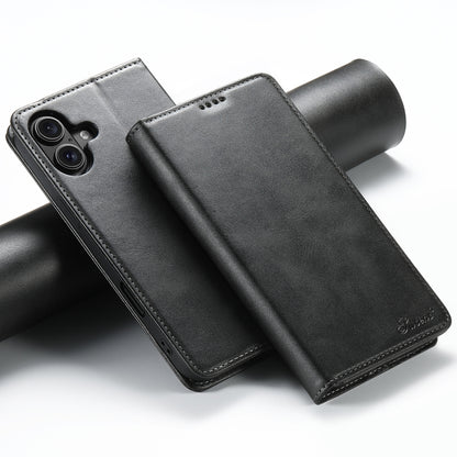 For iPhone 16 Plus Suteni Calf Texture Horizontal Flip Leather Phone Case(Black) - iPhone 16 Plus Cases by Suteni | Online Shopping South Africa | PMC Jewellery | Buy Now Pay Later Mobicred