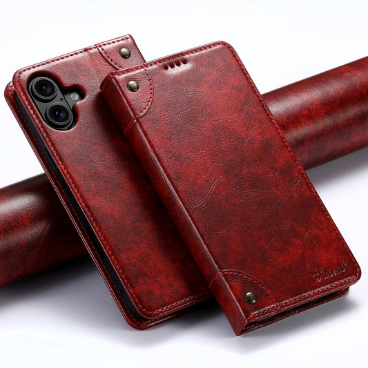 For iPhone 16 Plus Suteni Baroque Calf Texture Buckle Wallet Leather Phone Case(Red) - iPhone 16 Plus Cases by Suteni | Online Shopping South Africa | PMC Jewellery | Buy Now Pay Later Mobicred