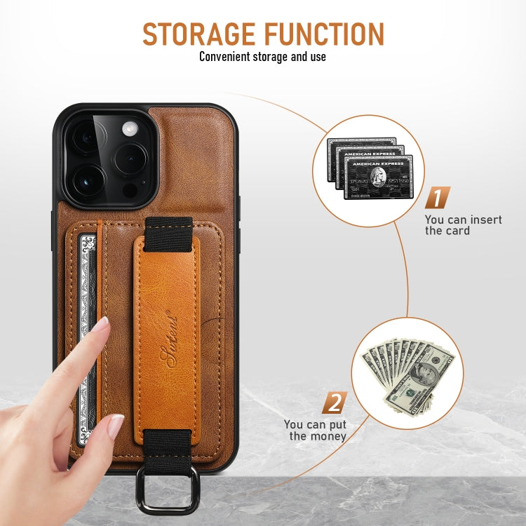 For iPhone 16 Suteni H13 Card Wallet Wrist Strap Holder PU Phone Case(Brown) - iPhone 16 Cases by Suteni | Online Shopping South Africa | PMC Jewellery | Buy Now Pay Later Mobicred