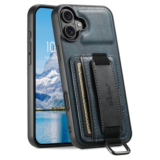 For iPhone 16 Suteni H13 Card Wallet Wrist Strap Holder PU Phone Case(Blue) - iPhone 16 Cases by Suteni | Online Shopping South Africa | PMC Jewellery | Buy Now Pay Later Mobicred