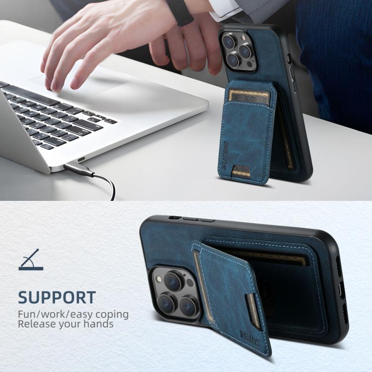 For iPhone 16e Suteni H02 Litchi Leather Card Wallet Stand Back Phone Case(Blue) - iPhone 16e Cases by Suteni | Online Shopping South Africa | PMC TechLife | Buy Now Pay Later Mobicred