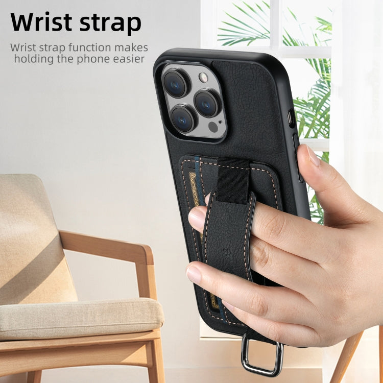 For iPhone 16 Plus Suteni H13 Litchi Leather Wrist Strap Wallet Back Phone Case(Black) - iPhone 16 Plus Cases by Suteni | Online Shopping South Africa | PMC Jewellery | Buy Now Pay Later Mobicred