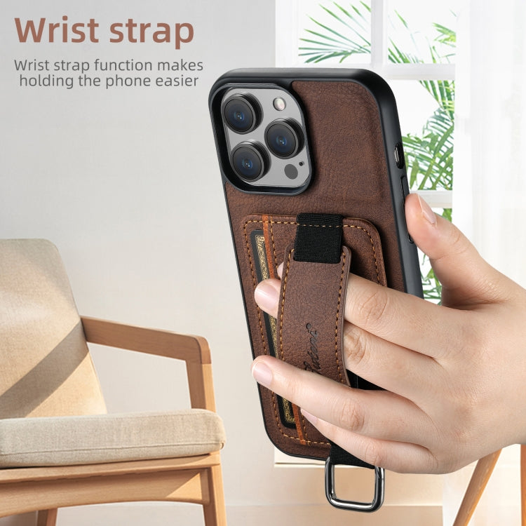 For iPhone 16 Pro Suteni H13 Litchi Leather Wrist Strap Wallet Back Phone Case(Brown) - iPhone 16 Pro Cases by Suteni | Online Shopping South Africa | PMC Jewellery | Buy Now Pay Later Mobicred