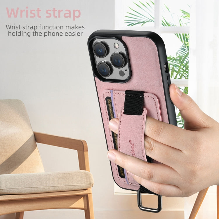 For iPhone 16 Pro Suteni H13 Litchi Leather Wrist Strap Wallet Back Phone Case(Pink) - iPhone 16 Pro Cases by Suteni | Online Shopping South Africa | PMC Jewellery | Buy Now Pay Later Mobicred