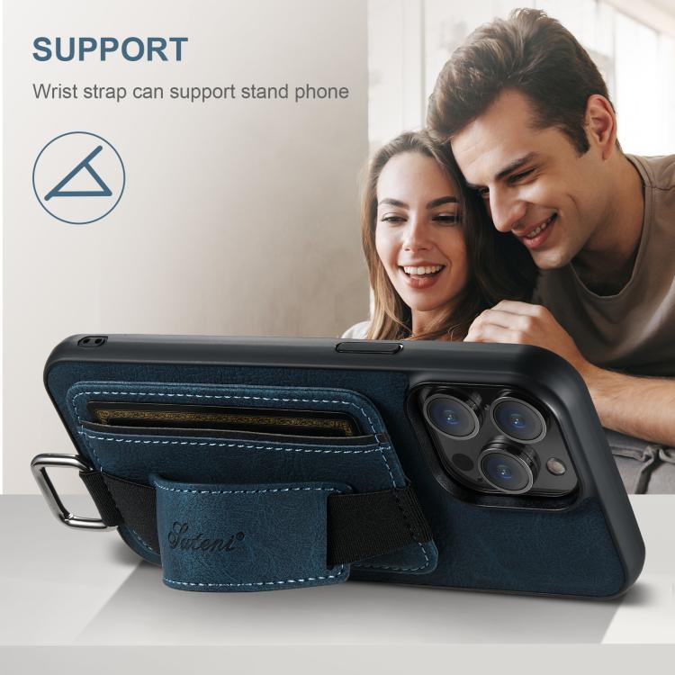 For iPhone 16e Suteni H13 Litchi Leather Wrist Strap Wallet Back Phone Case(Blue) - iPhone 16e Cases by Suteni | Online Shopping South Africa | PMC TechLife | Buy Now Pay Later Mobicred
