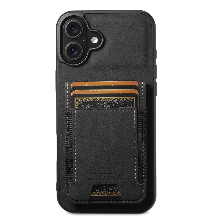 For iPhone 16 Plus Suteni H03 Litchi Leather Card Bag Stand Back Phone Case(Black) - free shipping - PMC Jewellery - Order now!