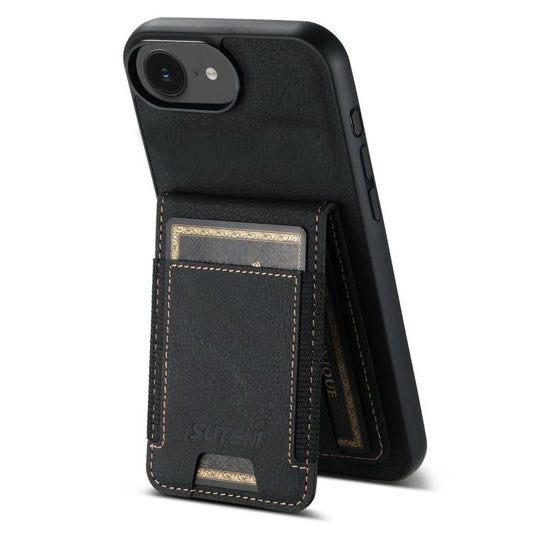 For iPhone 16e Suteni H03 Litchi Leather Card Bag Stand Back Phone Case(Black) - iPhone 16e Cases by Suteni | Online Shopping South Africa | PMC Jewellery | Buy Now Pay Later Mobicred