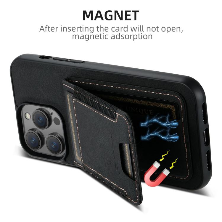 For iPhone 16e Suteni H03 Litchi Leather Card Bag Stand Back Phone Case(Black) - iPhone 16e Cases by Suteni | Online Shopping South Africa | PMC TechLife | Buy Now Pay Later Mobicred