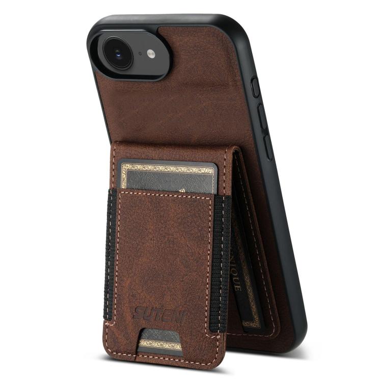 For iPhone 16e Suteni H03 Litchi Leather Card Bag Stand Back Phone Case(Brown) - free shipping - PMC TechLife - Order now!