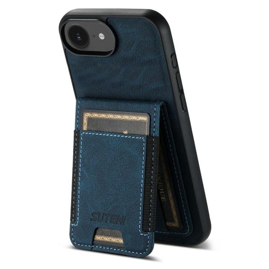 For iPhone 16e Suteni H03 Litchi Leather Card Bag Stand Back Phone Case(Blue) - iPhone 16e Cases by Suteni | Online Shopping South Africa | PMC Jewellery | Buy Now Pay Later Mobicred