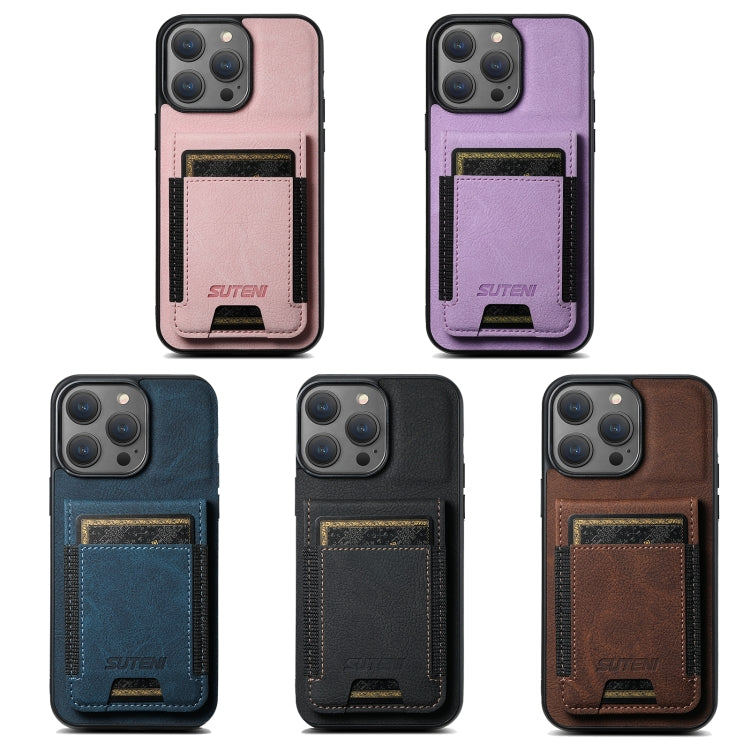 For iPhone 16 Pro Suteni H03 Litchi Leather Card Bag Stand Back Phone Case(Purple) - iPhone 16 Pro Cases by Suteni | Online Shopping South Africa | PMC Jewellery | Buy Now Pay Later Mobicred