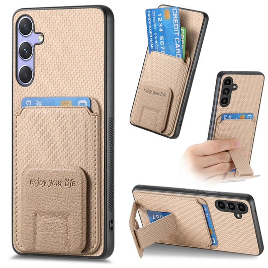 For Samsung Galaxy S25 Ultra 5G Carbon Fiber Card Bag Fold Stand Phone Case(Khaki) - Galaxy S25 Ultra 5G Cases by PMC Jewellery | Online Shopping South Africa | PMC Jewellery | Buy Now Pay Later Mobicred