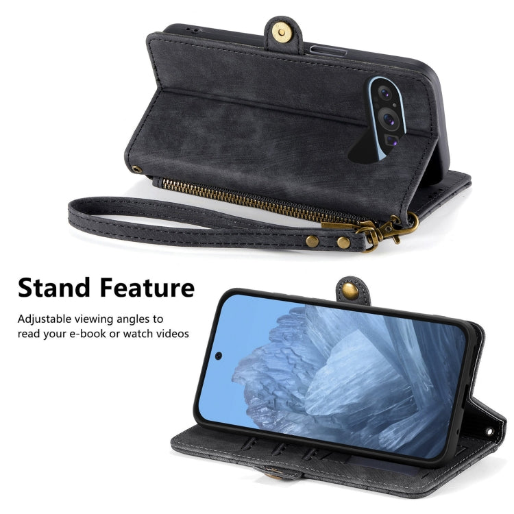 For Google Pixel 9 Geometric Zipper Wallet Side Buckle Leather Phone Case(Black) - Google Cases by PMC TechLife | Online Shopping South Africa | PMC TechLife | Buy Now Pay Later Mobicred