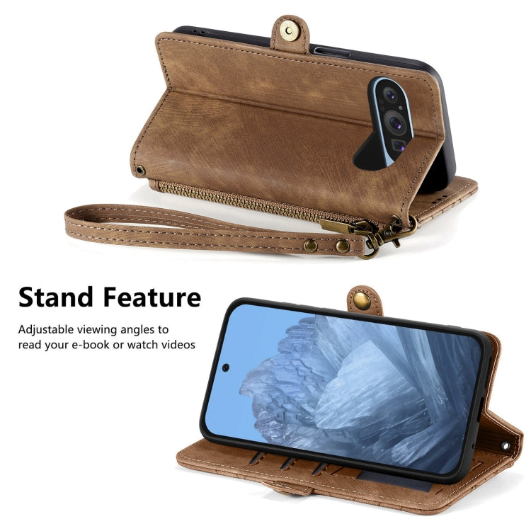 For Google Pixel 9 Geometric Zipper Wallet Side Buckle Leather Phone Case(Brown) - Google Cases by PMC TechLife | Online Shopping South Africa | PMC TechLife | Buy Now Pay Later Mobicred
