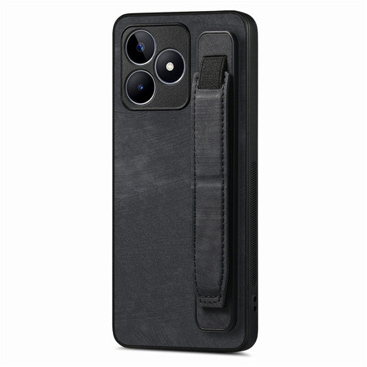 For Realme C53 Retro Wristband Holder Leather Back Phone Case(Black) - Realme Cases by PMC Jewellery | Online Shopping South Africa | PMC Jewellery | Buy Now Pay Later Mobicred