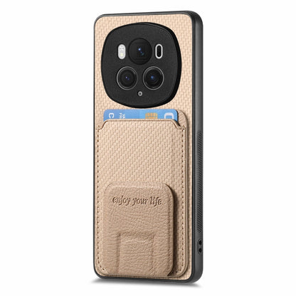 For Honor Magic6 Pro Carbon Fiber Card Bag Fold Stand Phone Case(Khaki) - Honor Cases by PMC Jewellery | Online Shopping South Africa | PMC Jewellery | Buy Now Pay Later Mobicred