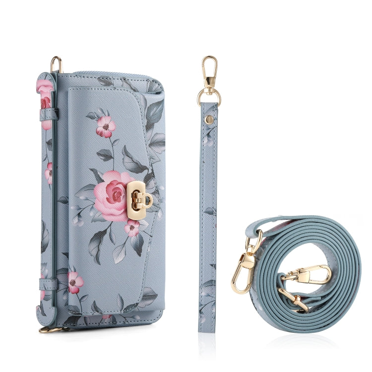 For Samsung Galaxy S24+ 5G Flower Multi-functional Crossbody Zipper Wallet Leather Phone Case(Blue) - Galaxy S24+ 5G Cases by PMC Jewellery | Online Shopping South Africa | PMC Jewellery | Buy Now Pay Later Mobicred