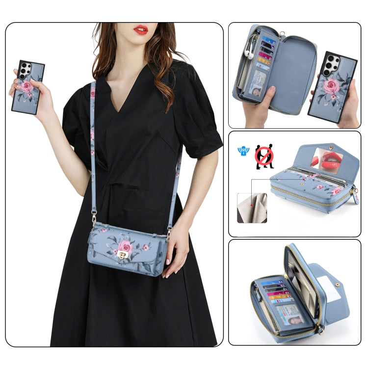 For Samsung Galaxy S24+ 5G Flower Multi-functional Crossbody Zipper Wallet Leather Phone Case(Blue) - Galaxy S24+ 5G Cases by PMC Jewellery | Online Shopping South Africa | PMC Jewellery | Buy Now Pay Later Mobicred