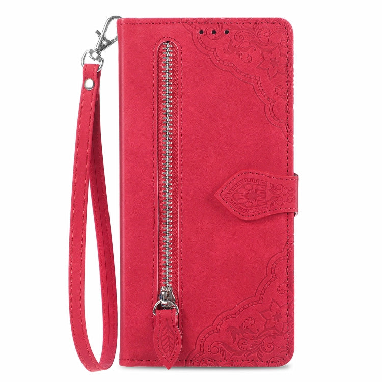 For Blackview A96 Embossed Flower Zipper Leather Phone Case(Red) - More Brand by PMC TechLife | Online Shopping South Africa | PMC TechLife