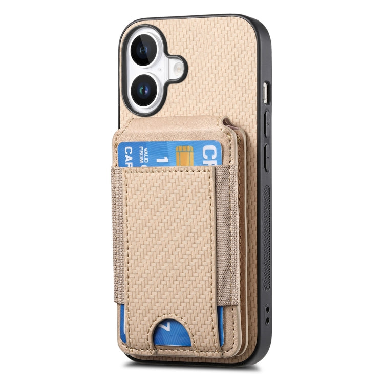 For iPhone 16 Carbon Fiber Vertical Flip Wallet Stand Phone Case(Khaki) - iPhone 16 Cases by PMC Jewellery | Online Shopping South Africa | PMC Jewellery | Buy Now Pay Later Mobicred