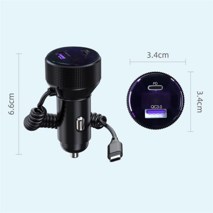K18B 12-24V Car Charger USB+Type-C Dual Port Charging Adapter with PD 30W Type-C Spring Cable - Car Charger by PMC TechLife | Online Shopping South Africa | PMC TechLife | Buy Now Pay Later Mobicred