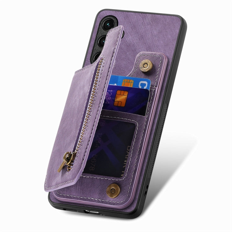 For Samsung Galaxy S25 5G Retro Leather Zipper Wallet Back Phone Case(Purple) - Galaxy S25 5G Cases by PMC Jewellery | Online Shopping South Africa | PMC Jewellery | Buy Now Pay Later Mobicred