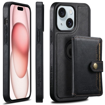 For iPhone 15 Plus Suteni M1 Oil Wax MagSafe Detachable Horizontal Card Bag Phone Case(Black) - iPhone 15 Plus Cases by Suteni | Online Shopping South Africa | PMC Jewellery | Buy Now Pay Later Mobicred