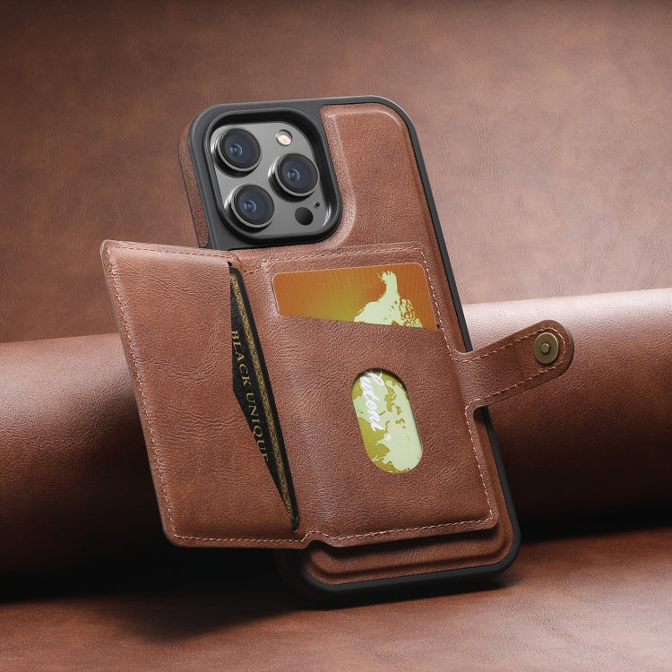 For iPhone 14 Suteni M1 Oil Wax MagSafe Detachable Horizontal Card Bag Phone Case(Brown) - iPhone 14 Cases by Suteni | Online Shopping South Africa | PMC Jewellery | Buy Now Pay Later Mobicred